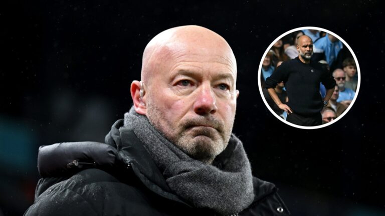 Split image - Alan Shearer looking into the distance while doing punditry work (left) inset of Pep Guardiola with his hands on his hips on the side...
