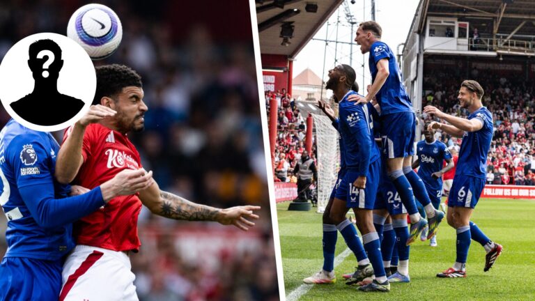 The left side of the image shows Nottingham Forest's Morgan Gibbs-White jumping for the ball alongside an Everton player with a head and shoulders ...