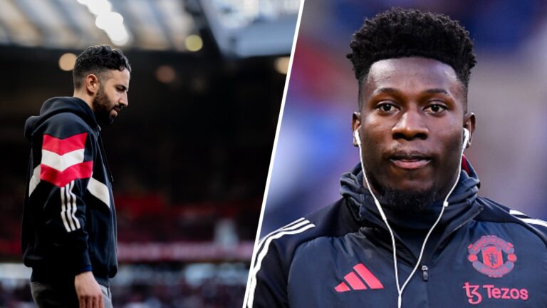 On the left, Ruben Amorim walks while looking down at the floor. On the right Andre Onana looks pensive with earbuds in and wearing United training...