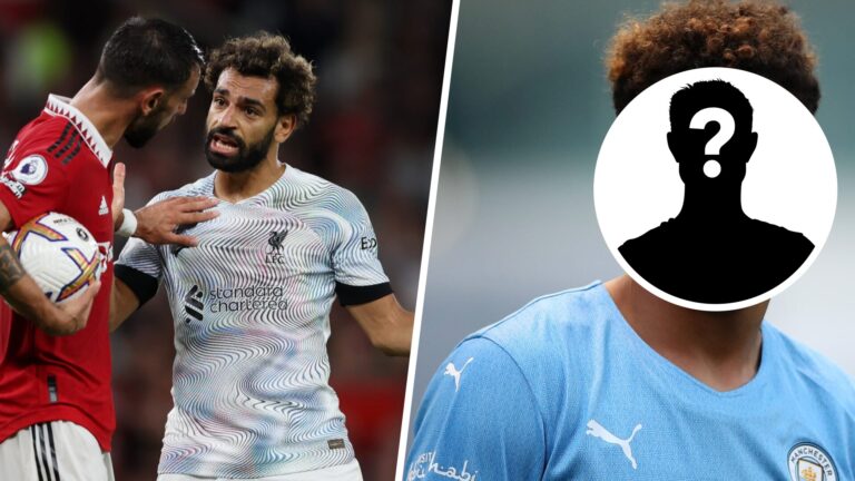 Bruno Fernandes of Manchester United and Mohamed Salah of Liverpool fight for the ball in the Premier League (left), Morgan Rogers of Manchester Ci...