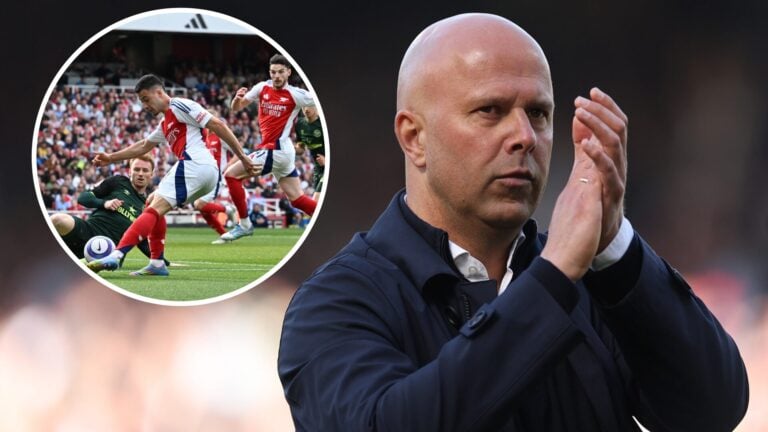 Sepp van den Berg tries to tackle Gabriel Martinelli of Arsenal (left), Arne Slot Liverpool manager looks on and claps (right)