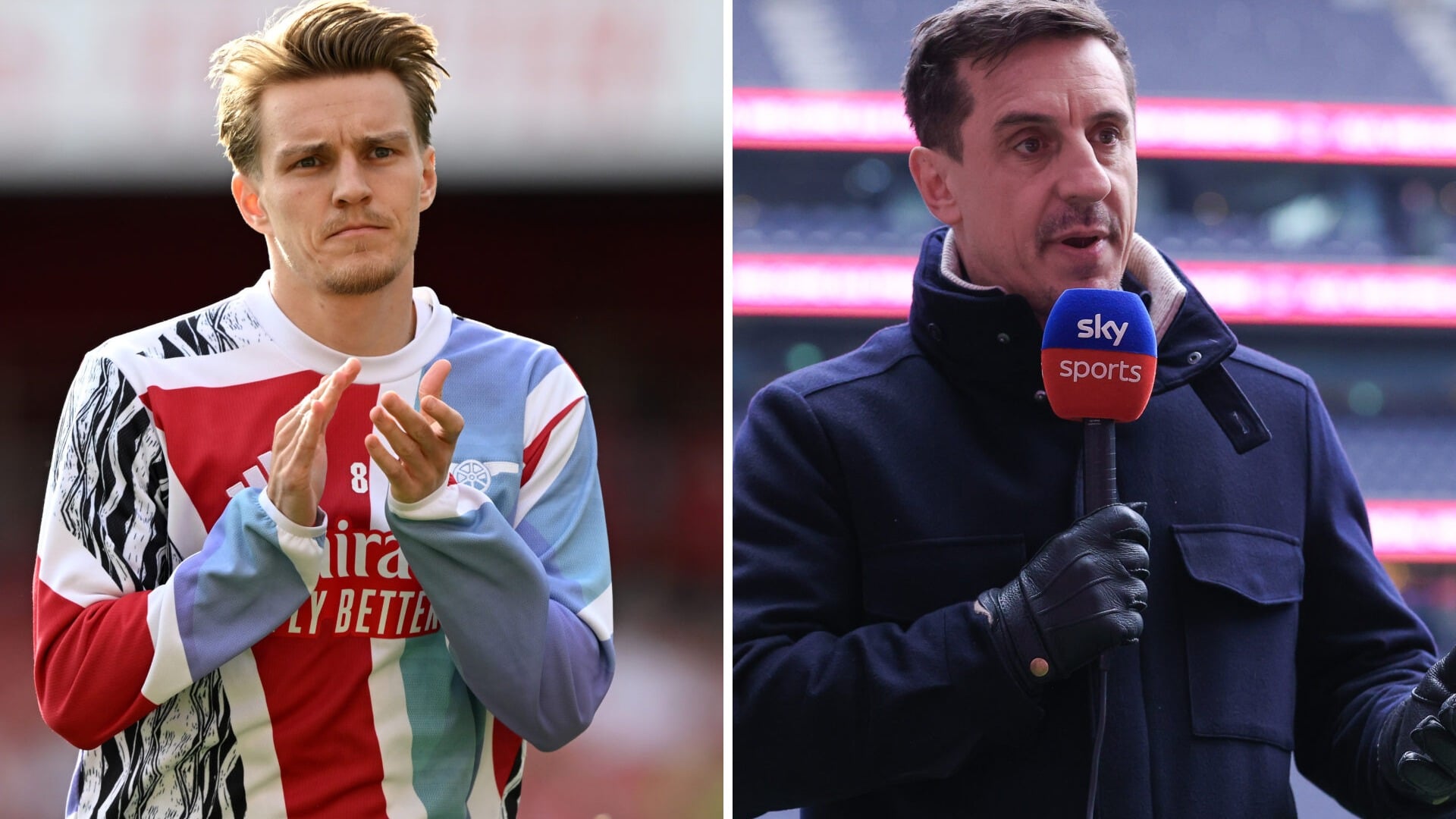 Martin Odegaard claps (left) and Gary Neville talks (right)