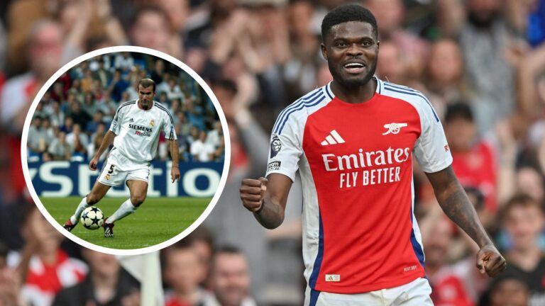 Zinedine Zidane playing for Real Madrid (left) and Thomas Partey celebrating (right)
