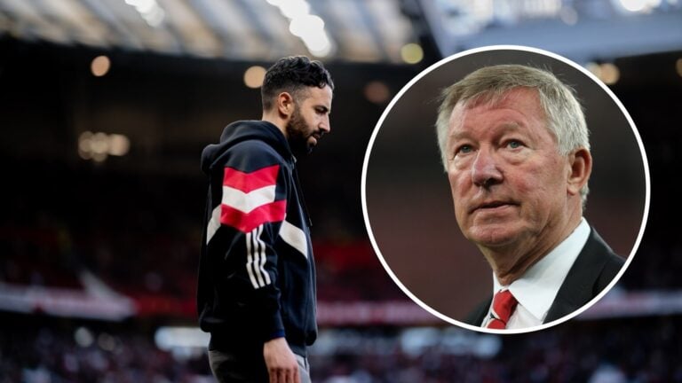 Ruben Amorim at Old Trafford (middle) and Sir Alex Ferguson (right) looks on