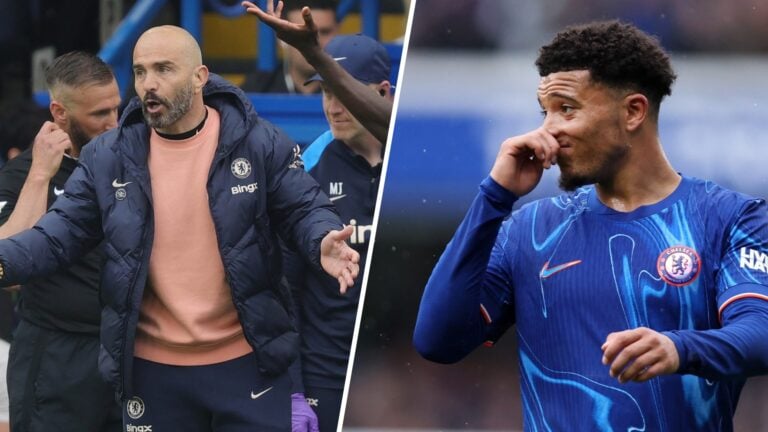 Enzo Maresca (left) looks on for Chelsea against Ipswich in the Premier League, Jadon Sancho (right) touches his nose whilst playing for Chelsea