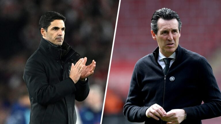 Split image - Mikel Arteta clapping to the Arsenal fans after Real Madrid win (left) Unai Emery looking confused while walking at Saint Mary's Stad...