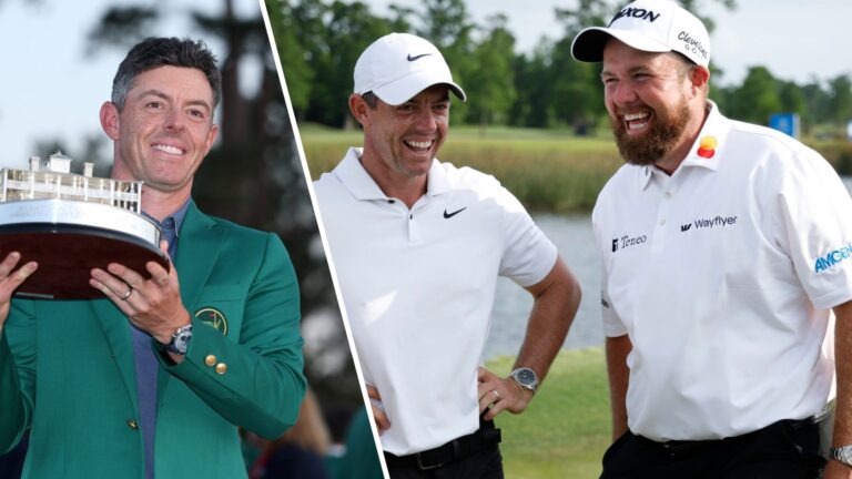 Rory McIlroy in his green jacket and his Masters 2025 trophy (left), Rory McIlroy and his trainer as the Masters 2025 (right)