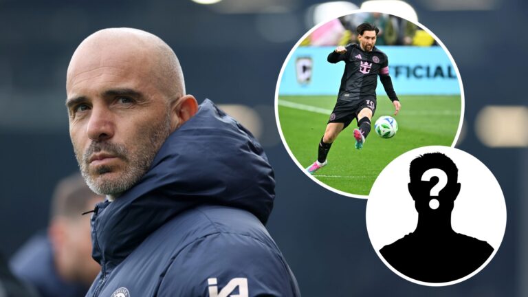Enzo Maresca (left) manager of Chelsea FC looks on longingly in a Premier League fixture, Lionel Messi (right overlay) controls the ball for Inter ...