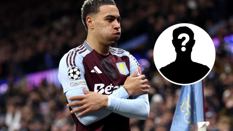 Morgan Rogers of Aston Villa celebrates in the Champions League (left), mystery overlay image (right)