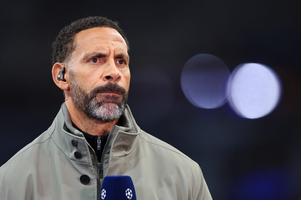 Rio Ferdinand, working as pundit for TNT Sports during the UEFA Champions League 2024/25 League Phase MD3 match between Aston Villa FC and Bologna FC 1909 at Villa Park.