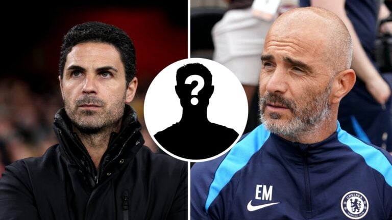 Mikel Arteta looks on for Arsenal (left), Enzo Maresca looks on for Chelsea (right) with a mystery overlay in the centre