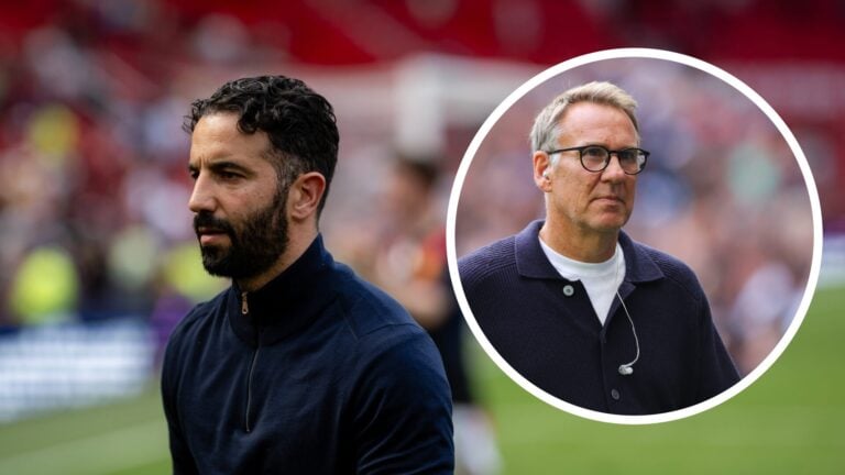 Ruben Amorim walks off Old Trafford pitch (left) and Paul Merson looks on (right)