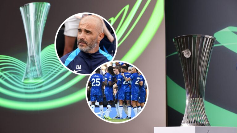 Europa League Conference trophy with two insets of the Chelsea squad and Blues manager Enzo Maresca