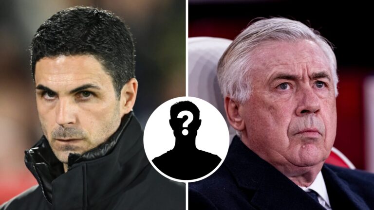 Arteta and Ancelotti side-by-side with mystery player seperating