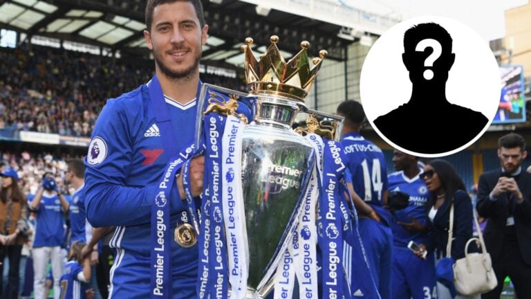Chelsea's Eden Hazard poses with the Premier League trophy, inset of a mystery figure