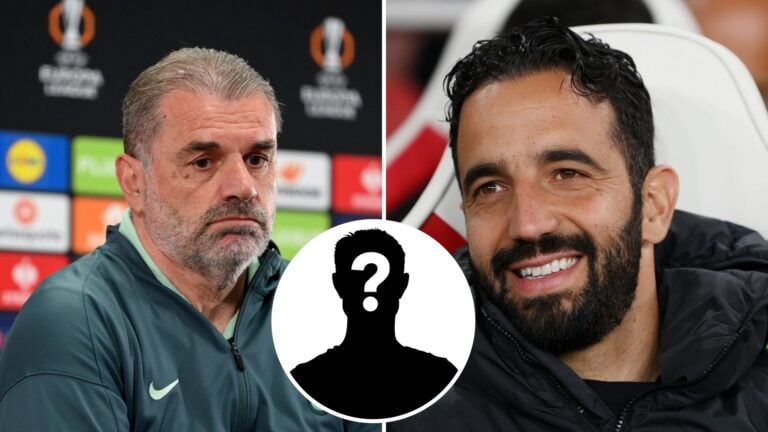 A deflated Ange Postecoglou next to a happy Ruben Amorim, with a silhouette in the middle