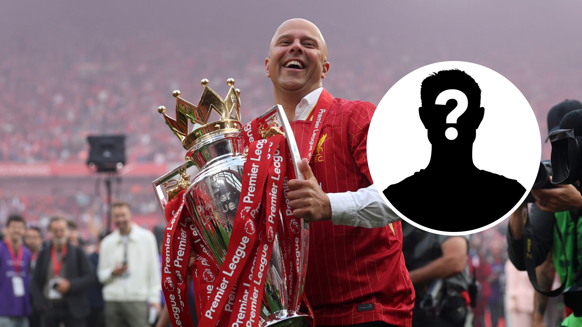 Arne Slot lifting Premier League trophy