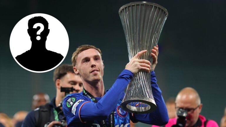 Cole Palmer lifting the UEFA Conference League trophy