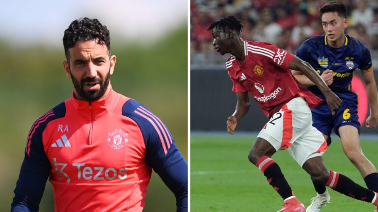 Ruben Amorim looks on during a Manchester United training session (left), Sekou Kone of Manchester United against ASEAN All Stars (Right)