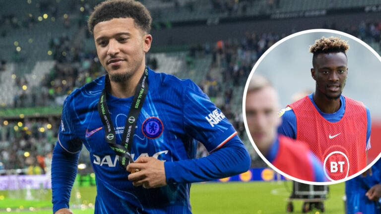 Jadon Sancho celebrates winning the Conference League (left) and Tammy Abraham features in England training (right)
