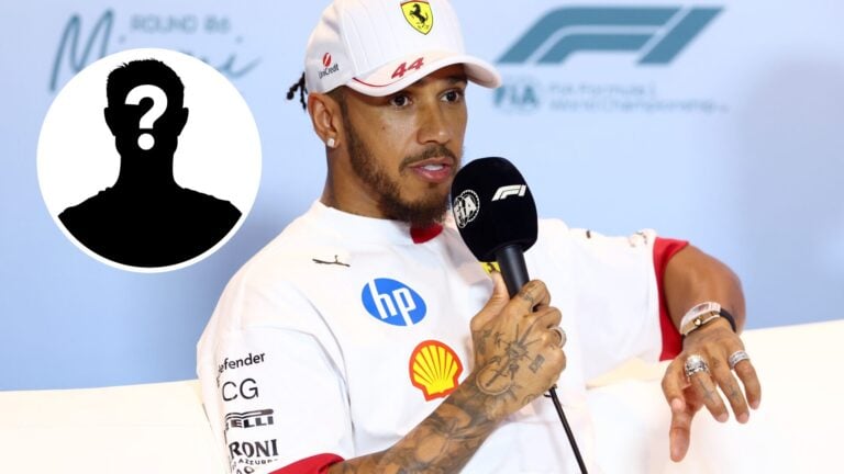 Lewis Hamilton speaking at an interview during the 2025 Miami Grand Prix, mystery overlay to his left