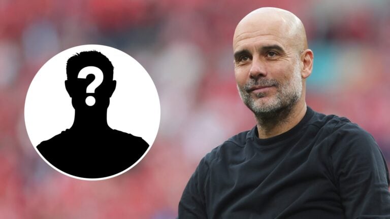 Guardiola looking on, next to a silhouette of a mystery player.