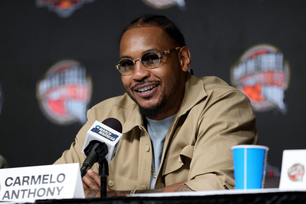 Carmelo Anthony speaks with media during the Naismith Basketball Hall of Fame Press Conference before the Final Four game of the NCAA Men's Basketball Tournament