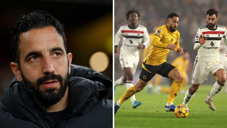 Ruben Amorim of Manchester United looks on (left), Matheus Cunha of Wolves runs with the ball (right)