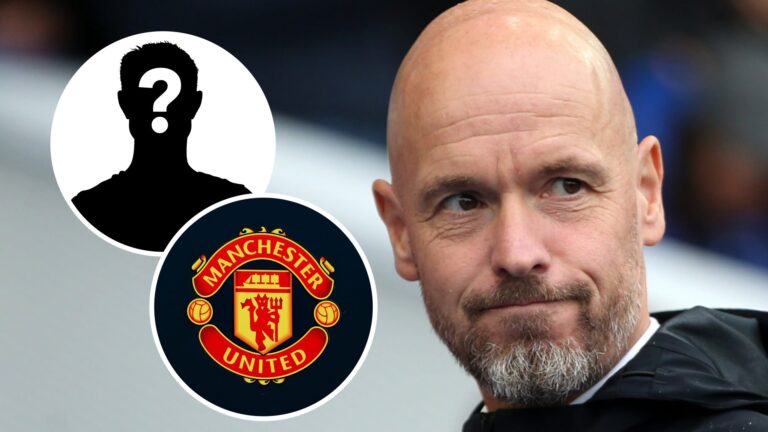 Erik ten Hag of Manchester United with a Man Utd badge and mystery overlay