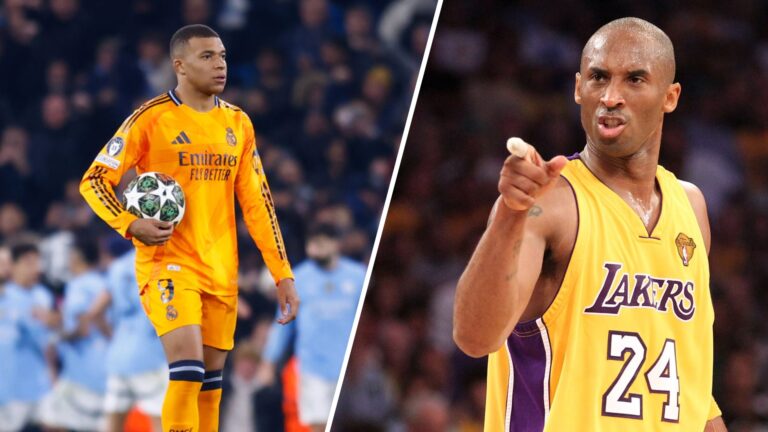 Kylian Mbappe of Real Madrid laments a goal scored by Erling Haaland of Manchester City during the UEFA Champions League 2024/25 League Knockout Pl...
