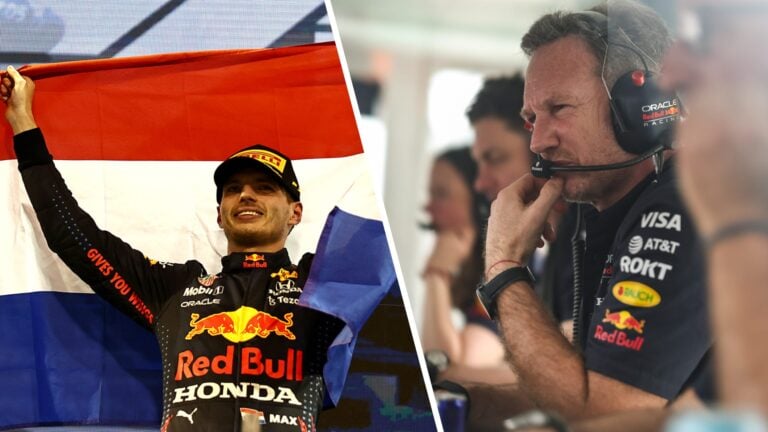 Max Verstappen holding the Dutch flag after a victory, while Red Bull team principal Christian Horner observes from the pit wall