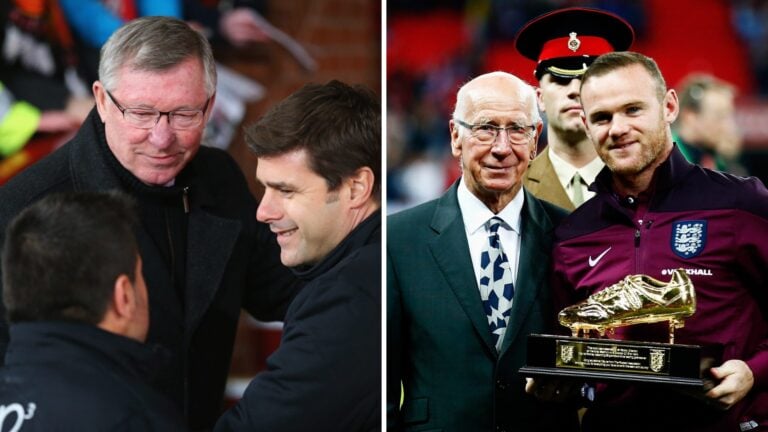 Sir Alex Ferguson greets Mauricio Pochettino on the sideline; Sir Bobby Charlton poses with Wayne Rooney holding a Golden Boot award