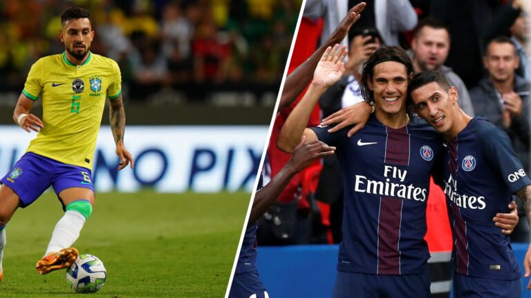Lucas Lima in action for Brazil on the left; Edinson Cavani and Ángel Di María celebrate a goal together for Paris Saint-Germain on the right.