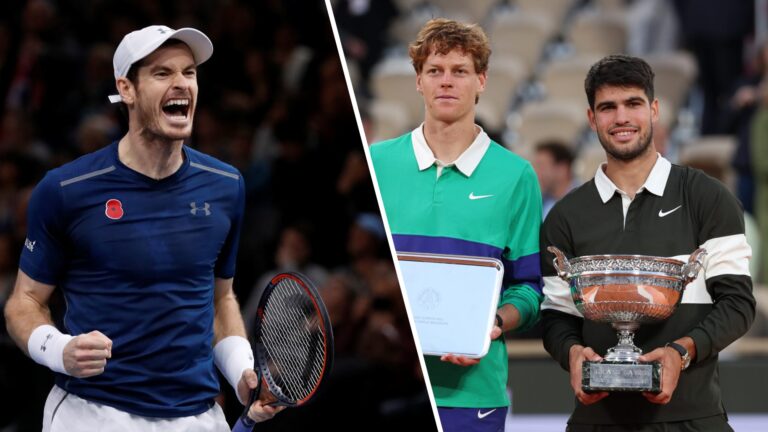 Andy Murray celebrates during a match on the left; Jannik Sinner and Carlos Alcaraz pose with their trophies after the French Open final on the right.