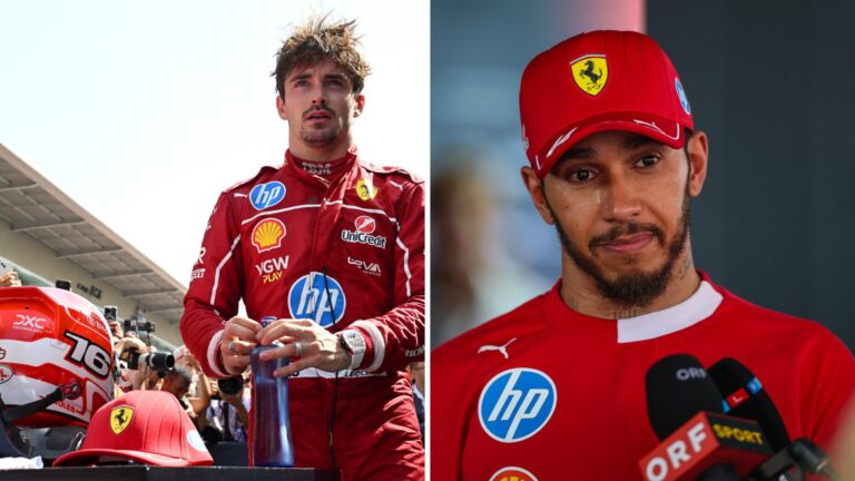 Charles Leclerc and Lewis Hamilton in Ferrari gear; Leclerc holding a bottle in the paddock, while Hamilton speaks to the media during a press inte...