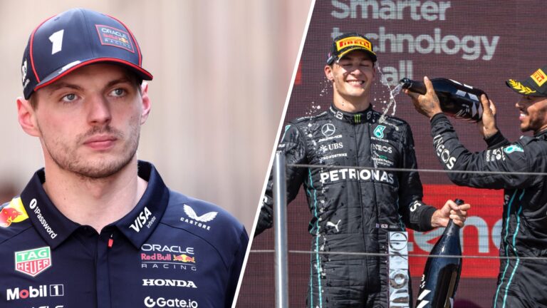 Max Verstappen wearing a Red Bull cap with a serious expression on the left; George Russell celebrating on the podium with Lewis Hamilton spraying ...
