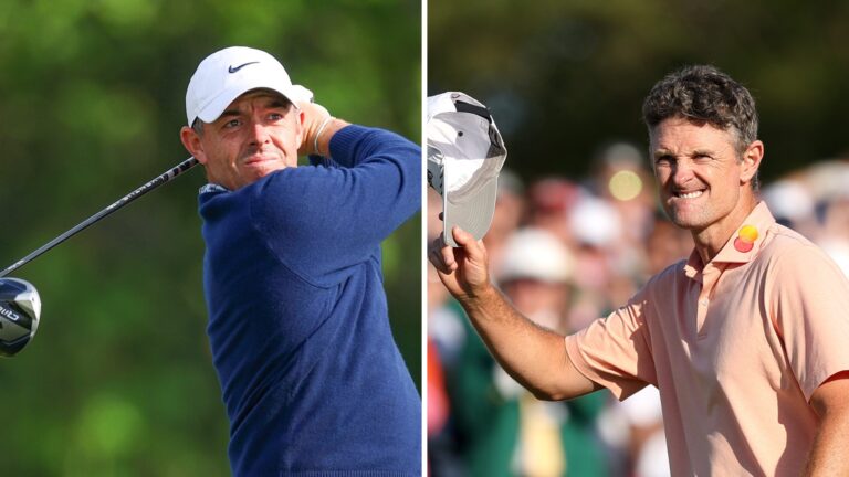 Rory McIlroy swings his driver during a round on the left; Justin Rose smiles and tips his cap to the crowd on the right.