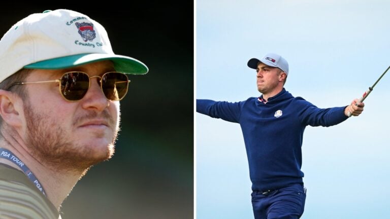 Golf journalist Dan Rapaport wearing sunglasses and a cap on the left; Justin Thomas reacts with arms outstretched after a shot on the right.