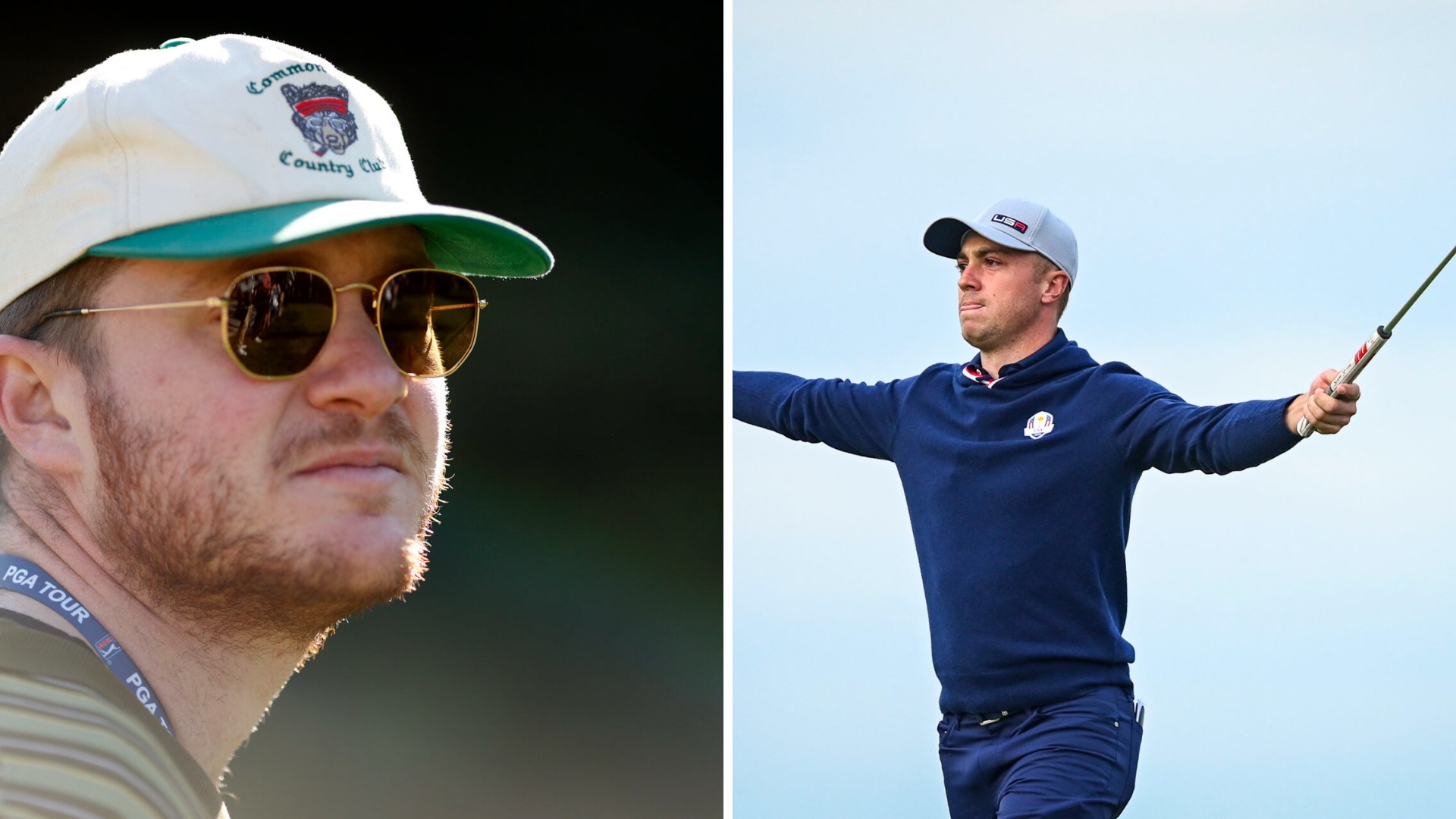 Golf journalist Dan Rapaport wearing sunglasses and a cap on the left; Justin Thomas reacts with arms outstretched after a shot on the right.