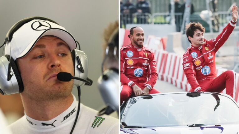 Nico Rosberg wearing a headset and Mercedes gear on the left; Lewis Hamilton and Charles Leclerc smiling and waving in Ferrari uniforms during a dr...
