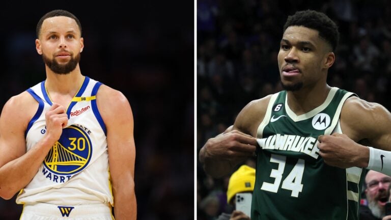 Stephen Curry of the Golden State Warriors on the left and Giannis Antetokounmpo of the Milwaukee Bucks on the right, both pictured during NBA games.
