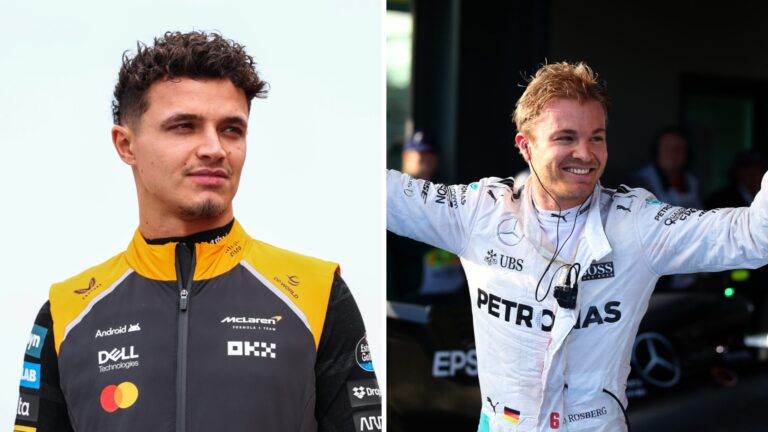 Lando Norris in McLaren team gear on the left and Nico Rosberg smiling in Mercedes race suit on the right during a Formula 1 event.