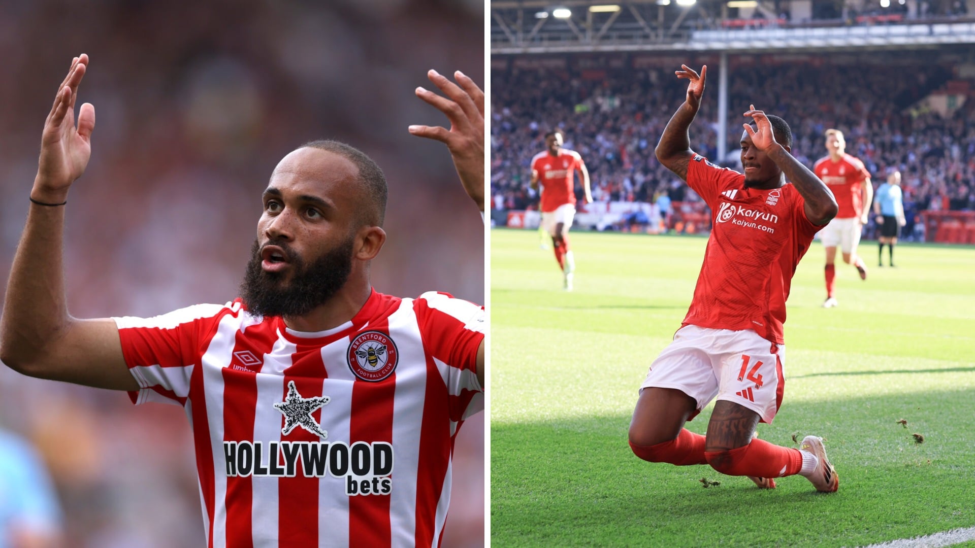 Bryan Mbeumo of Brentford raising his hands during a match on the left, and Callum Hudson-Odoi of Nottingham Forest celebrating a goal with a knee ...
