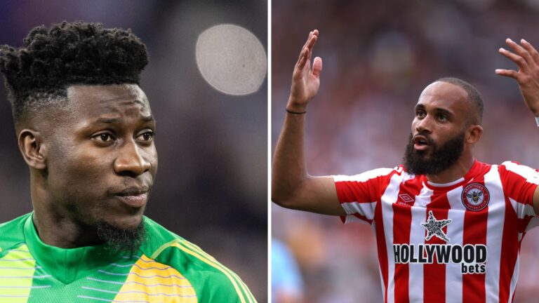 Andre Onana wearing a green Cameroon kit on the left, and Bryan Mbeumo of Brentford raising his hands during a match on the right.