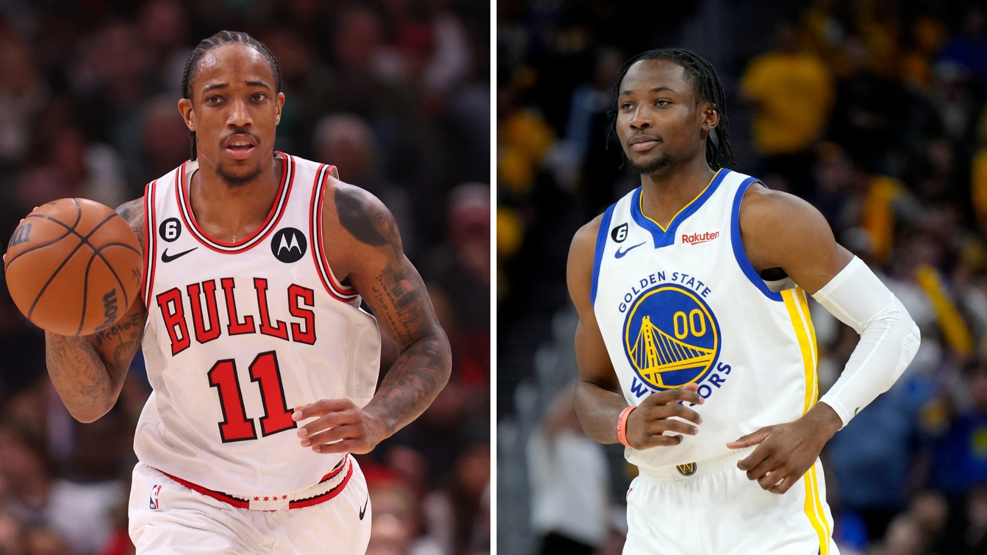 DeMar DeRozan of the Chicago Bulls dribbling the basketball during a game; Jonathan Kuminga of the Golden State Warriors looking focused on court d...