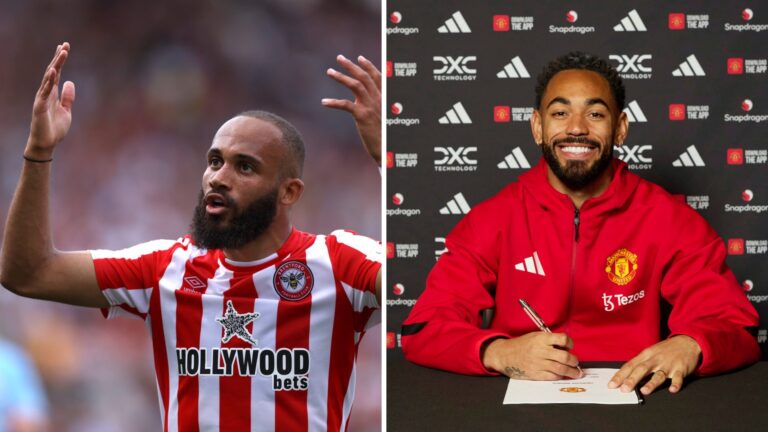 Bryan Mbeumo celebrates during a Brentford match (left), and Matheus Cunha smiles while signing his Manchester United contract (right).