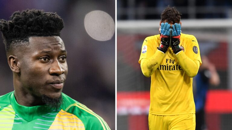 Split image showing Manchester United goalkeeper Andre Onana looking to the side during a match, and PSG’s Gianluigi Donnarumma covering his face w...