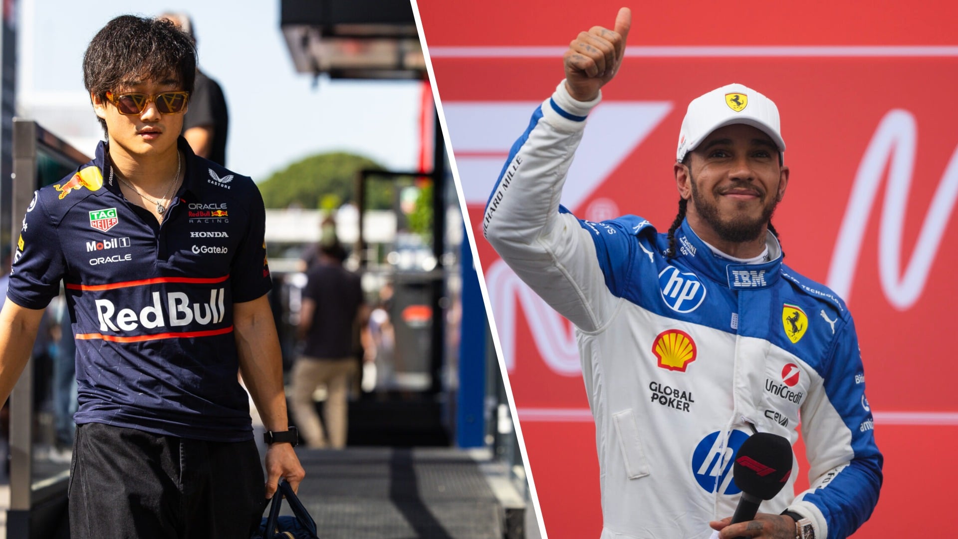 Split image showing Yuki Tsunoda in Red Bull attire walking through the paddock, and Lewis Hamilton in Ferrari gear giving a thumbs-up while holdin...