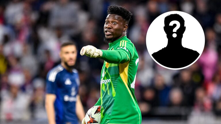 Andre Onana points during a match while a mystery silhouette with a question mark appears beside him, symbolizing speculation about his possible re...