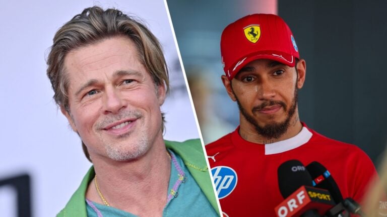 Brad Pitt smiles at a red carpet event; next to him, Lewis Hamilton, wearing a Ferrari cap and shirt, speaks to the media during a Formula 1 press ...
